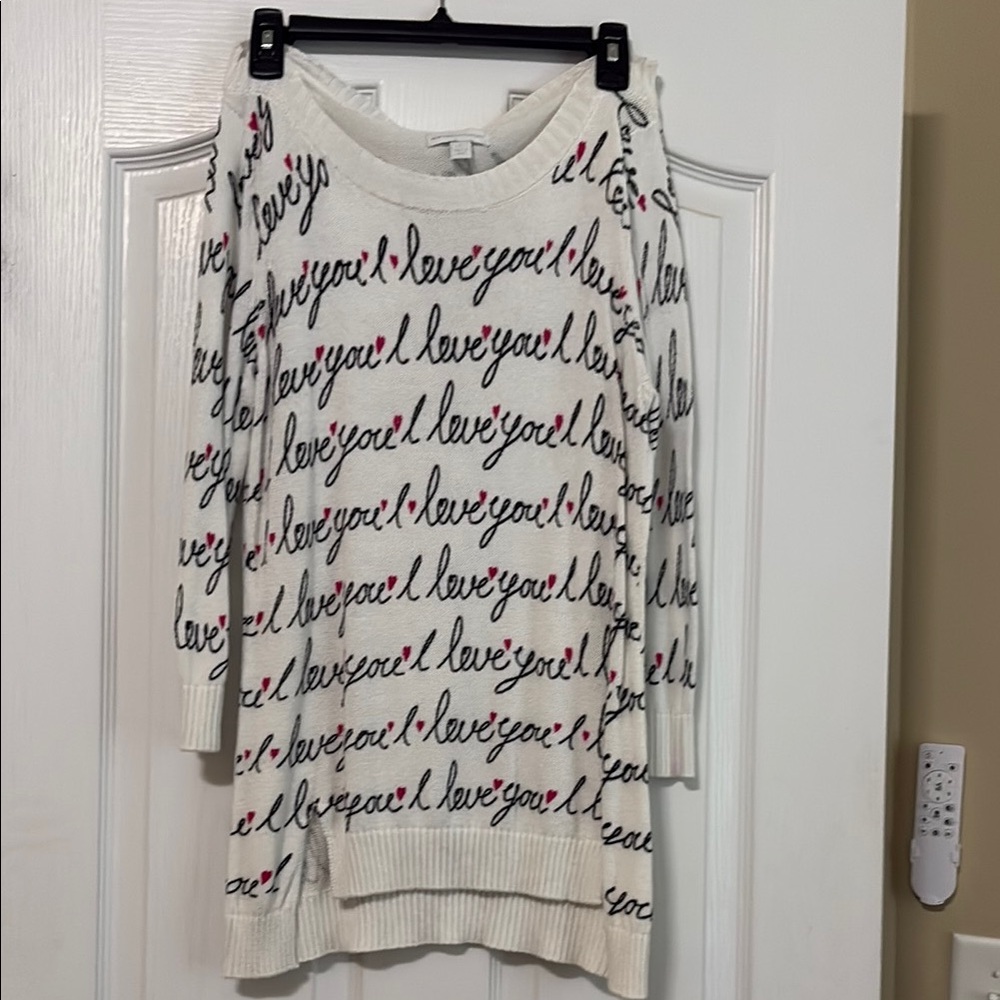 New York & Company White Sweater with Black and Red Script